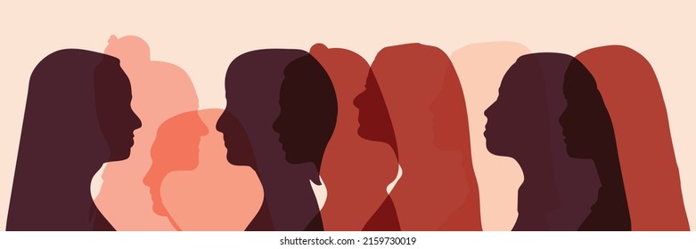 Female social network community of diverse culture. Talk and share information. Communication group of multiethnic diversity women and girls face silhouette profile. Friendship