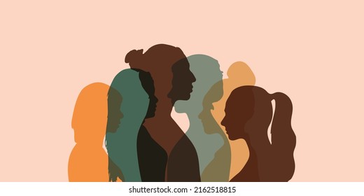 Female social network community of diverse culture. Talk and share information. Communication group of multiethnic diversity women and girls face silhouette profile. Friendship