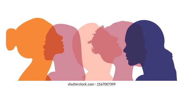 Female social network community of diverse culture. Talk and share information. Communication group of multiethnic diversity women and girls face silhouette profile. Friendship