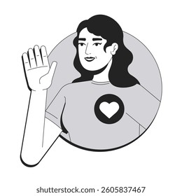 Female social worker line conceptual illustration. Charity, humanitarian. Smiling woman waving with heart symbol on tshirt 2D outline character isolated. Linear drawing grayscale vector
