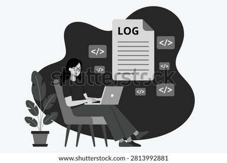 Female software developer analyzing system logs and programming code on her laptop in a black and white illustration.