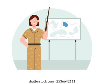 Female soldier explaining map on board, military secret plan. Character design. Vector flat illustration