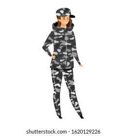 Female soldier flat color vector illustration. Person in camouflage outerwear. Woman in military style uniform. Survival style garment. Expeditioner isolated cartoon character on white background