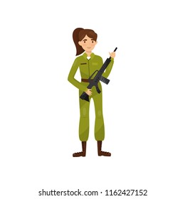 Female Soldier In Green Camouflage Uniform Vector Illustration On A White Background