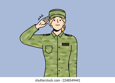 Frauensoldat in chaki Uniform Heilung. Frauen in der Armee, die Handgesten zeigen Respekt und Gruß. Konzept des Militärdienstes. Vektorgrafik. 