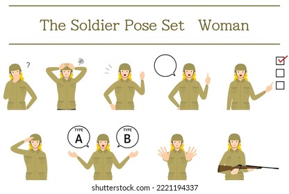 Female Soldier Pose Set, questioning, worrying, encouraging, pointing, etc.