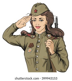 Female soldier in retro military uniforms. May 9 Victory Day. Isolated on white vector illustration