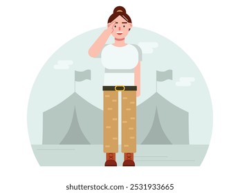 Female soldier saluting in front of a tent, respectful gesture to a senior. Character design. Vector flat illustration