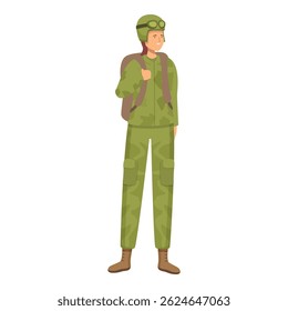 Female soldier is standing in camouflage uniform with a backpack, ready for action