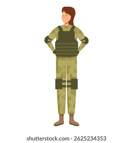 Female soldier is standing with her hands on her hips, proud to be serving her country