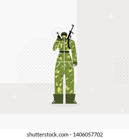 Female Soldier, Trooper Flat Vector Illustration. Young Woman in Camouflage Uniform Holding Walkie talkie Cartoon Character. Army, Military Service, Special Forces Recruit. Gender Equality, Girl Power