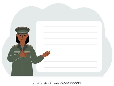 Female soldier in uniform next to a large white banner for your text.