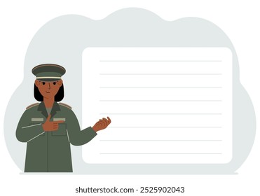 Female soldier in uniform next to a large white banner for your text. Postcard, advertisement, poster. Vector flat illustration