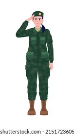 Female soldier in uniform saluting semi flat color vector character. Standing figure. Full body person on white. Army personnel simple cartoon style illustration for web graphic design and animation