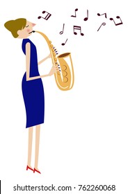 Female solo musician.Saxophone.Music clip art.Image of music.