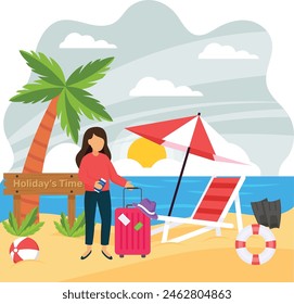 Female Solo Traveler with his luggage at Sandy Beach concept, Caribbean Holidays vector colorful design, Nature and landscape postcard, Scenic Summer Season Vibes Sign, Idyllic Remote illustration