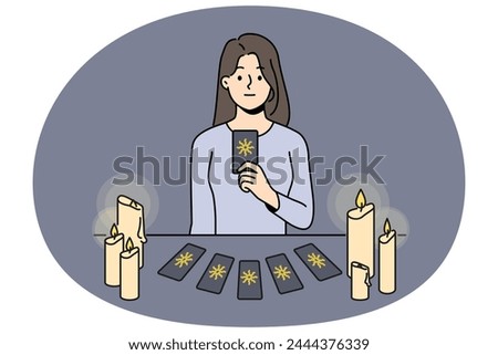 Female soothsayer sit at table with cards predict future. Witch or magician tell fortune with tarot cards. Vector illustration.