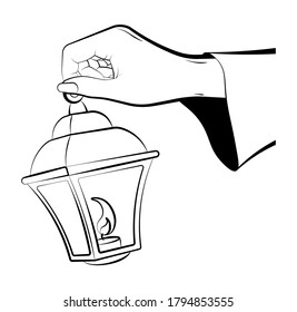 female sorceress hand holds a lantern with burning candle inside. Celebration of Halloween in fancy dress. Magic and witchcraft, rituals. Black and white vector