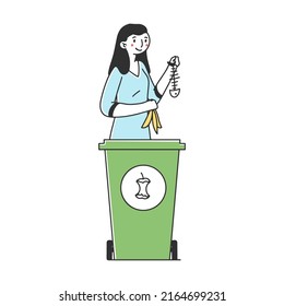 Female sorting trash and rubbish flat vector illustration. Responsible men and women standing near dustbin and putting garbage