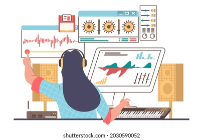 Female sound designer, engineer wearing headphones creating, recording music, flat vector illustration. Sound production studio.