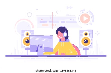 Female sound designer or videographer working on her project. Movie editing and sound production vector illustration.