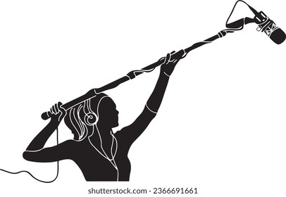 Female Sound Engineer Vector Illustration - Professional Studio, Studio Sound Engineer Woman with Microphone - Cartoon Drawing, Film Sound Engineer Holding Microphone 