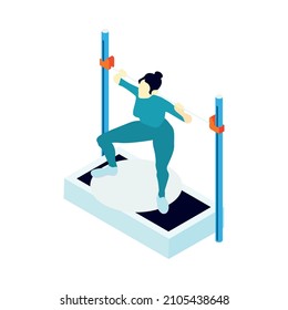 Female spaceman training doing physical exercises isometric icon 3d vector illustration