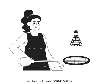 Female spanish player on badminton training monochromatic flat vector character. Sport woman with racquet. Editable thin line half body person on white. Simple bw cartoon spot image for graphic design