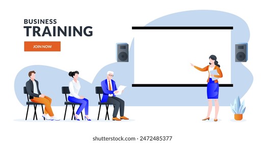 Female speaker coach speaks to audience. People, men, women, at the seminar, presentation or conference. Vector flat cartoon illustration. Business training, education, coaching concept