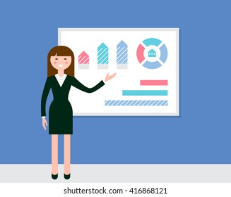 Palestrante Feminino Fazendo Apresentação Usando Diagramas e Gráficos
