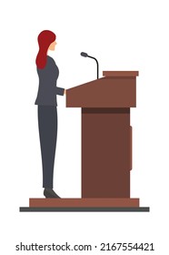 Female Speaker Giving Speech On A Podium. Side View. Simple Flat Illustration.