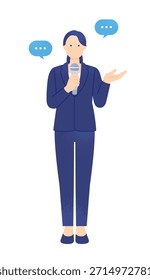 Sprecherin mit Mikrofon als Gastgeber einer Veranstaltung, Geschäftsrede, Vektorgrafik
