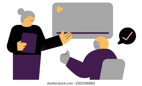 Female speaker pointing at presentation during business seminar.