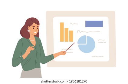 Female speaker pointing at presentation on white board during business seminar. Office worker showing report at whiteboard with pointer. Isolated flat graphic vector illustration of woman at flipchart