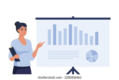 Female speaker pointing at presentation on white board during business seminar. Office worker showing report at whiteboard with pointer. Vector illustration