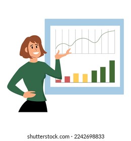 Female speaker pointing at presentation on whiteboard during business seminar. Office worker showing report on whiteboard with pointer. vector illustration.