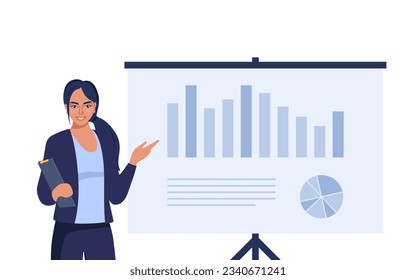 Female speaker pointing at presentation on white board during business seminar. Office worker showing report at whiteboard with pointer. Vector illustration