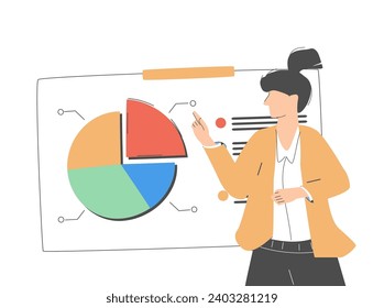 Female speaker pointing at presentation on white board during business seminar. Office worker showing report at whiteboard with pointer. Isolated flat graphic vector illustration of woman at flipchart