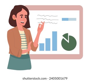 Female speaker pointing at presentation on whiteboard during business seminar. Office worker showing report on whiteboard with pointer. Vector illustration