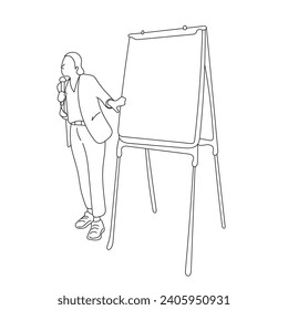 Altavoz femenino apuntando a la presentación en blanco en la ilustración de placa blanca vectorial dibujado a mano aislado en fondo blanco