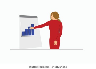 Weibliche Referentin, die während eines Geschäftsseminars auf die Präsentation auf dem Whiteboard zeigt. Eine Frau zeigt ein Blue-Chart-Projekt.