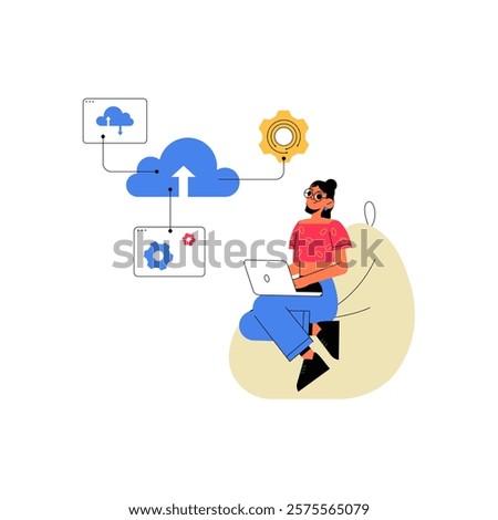 Female IT Specialist Sitting On Bean Bag Working On Cloud Computing And Data Integration In Flat Vector Illustration Symbolizing Technology And Digital Workflow, Isolated On White Background