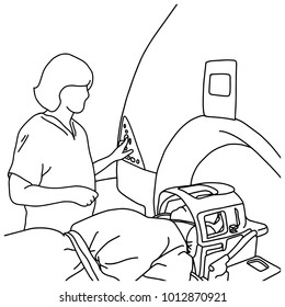 female specialist turning on MRI scanner for patient in hospital vector illustration sketch hand drawn with black lines, isolated on white background. Medical concept.