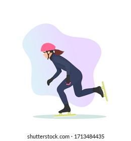 Female Speed Skater In Action. Ice Skating Sport Icon. Sportswoman Sign. Speed Symbol. Endurance Training. Winter Season Activity. Seasonal Sports. Young Athlete - Flat Vector Character Illustration.