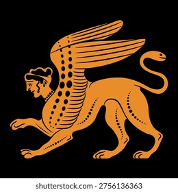 Female Sphinx with snake tail. Ancient Greek mythology. Fantastic winged lion with woman's head. Vase painting style. Orange silhouette on black background.