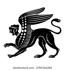 Female Sphinx with snake tail. Ancient Greek mythology. Fantastic winged lion with woman's head. Vase painting style. Black and white silhouette.