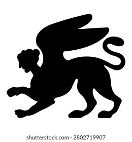 Female Sphinx with snake tail. Ancient Greek mythology. Fantastic winged lion with woman's head. Vase painting style. Black silhouette on white background.