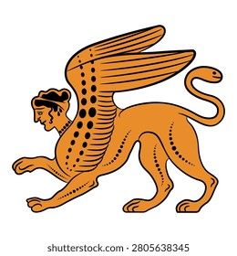 Female Sphinx with snake tail. Ancient Greek mythology. Fantastic winged lion with woman's head. Vase painting style. Isolated vector illustration.
