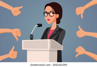 Female Spokesperson Receiving Mixed Reaction to her Speech Vector Illustration. Woman getting positive and negative feedback from supporters and haters after controversial public PR message
