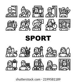 female sport woman exercise icons set vector. girl athlete, workout training, young people, healthy active gym lifestyle fitness female sport woman exercise black contour illustrations